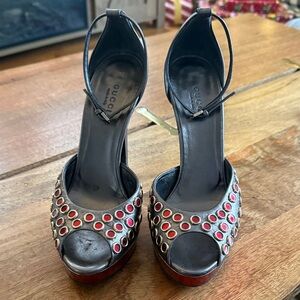 Gucci Silver and Red Peep-Toe Heels